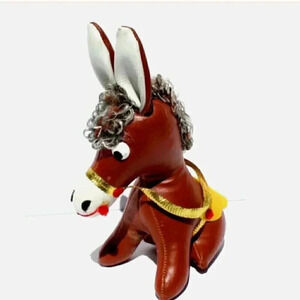 Vintage 1960S MCM BROWN Leather Stuffed Donkey Plush Toy - Japan